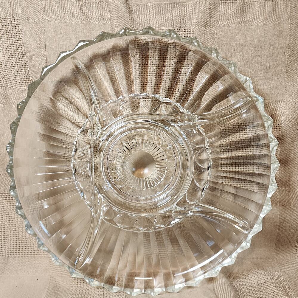 Vintage MCM Sunburst Cut Crystal Glass Oval Serving Tray 5 Divided Platter 12" W